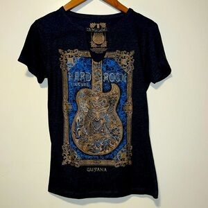 Women’s Hard Rock Cafe Couture GUYANA  Black GUITAR graphic tee Shirt top Sz M